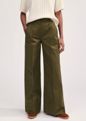 me and em Crease Front Trouser in Deep Autumn Olive ~ women’s dark green stretch cotton trousers