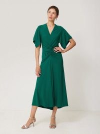 JIGSAW Crepe Flutter Sleeve Dress Green / ruched detail occasion dresses / wide angel sleeves / jersey occasionwear