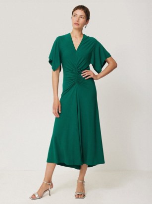 JIGSAW Crepe Flutter Sleeve Dress Green / ruched detail occasion dresses / wide angel sleeves / jersey occasionwear