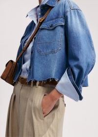 ME and EM Cut-Off Denim Shirt in Mid Blue | women’s cropped frayed hem cotton shirts