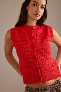 Damson Madder Aggie Knit Vest in Red | women’s red knitted chunky button closure vests | womens bright sleeveless sweater