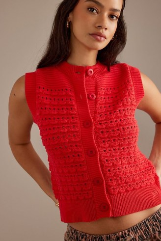 Damson Madder Aggie Knit Vest in Red | women’s red knitted chunky button closure vests | womens bright sleeveless sweater