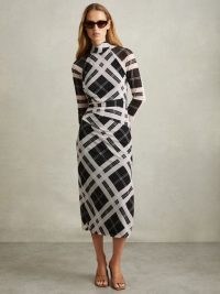 REISS Darla Checked Ruched Midi Dress in Black/Ivory ~ chic monochrome check print bodycon ~ fitted long sleeve high neck gathered detail dresses