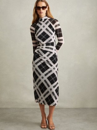 REISS Darla Checked Ruched Midi Dress in Black/Ivory ~ chic monochrome check print bodycon ~ fitted long sleeve high neck gathered detail dresses