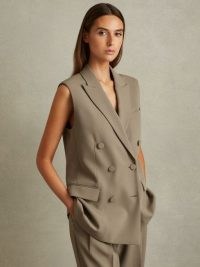 REISS Madelyn Double Breasted Longline Suit Waistcoat Khaki ~ women’s long length waistcoats