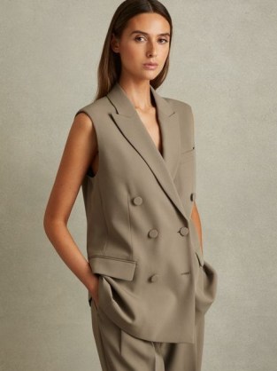 REISS Madelyn Double Breasted Longline Suit Waistcoat Khaki ~ women’s long length waistcoats