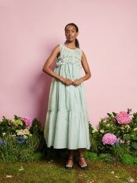 sister jane DREAM A Walk With Daisy Perdita Organza Midi Dress Sage Green ~ romantic sleeveless tiered oversized dresses ~ women’s ruffled fashion