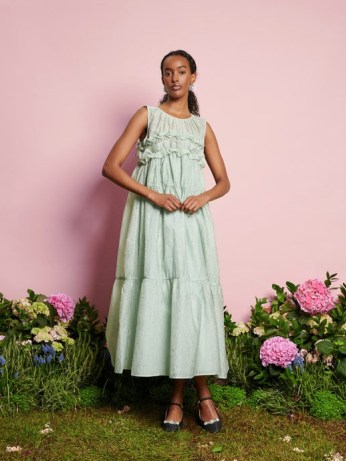 sister jane DREAM A Walk With Daisy Perdita Organza Midi Dress Sage Green ~ romantic sleeveless tiered oversized dresses ~ women’s ruffled fashion