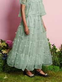 sister jane DREAM A Walk With Daisy Prairie Organza Midi Skirt Sage Green ~ tiered sheer overlay floral applique skirts