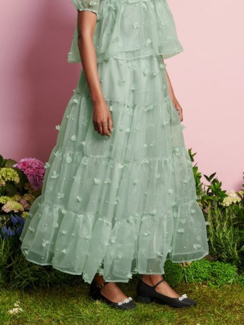 sister jane DREAM A Walk With Daisy Prairie Organza Midi Skirt Sage Green ~ tiered sheer overlay floral applique skirts