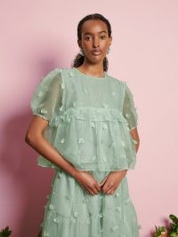 sister jane DREAM Prairie Organza Top ~ semi sheer ruffle detail tops ~ romantic oversized blouse