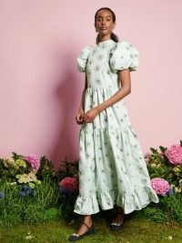 RIVER ISLAND DREAM A Walk With Daisy Willow Floral Midi Dress Sage Green ~ floral puff sleeve tiered hem dresses ~ romance inspired fashion