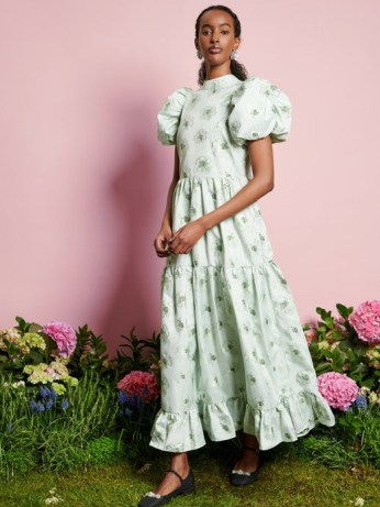 RIVER ISLAND DREAM A Walk With Daisy Willow Floral Midi Dress Sage Green ~ floral puff sleeve tiered hem dresses ~ romance inspired fashion