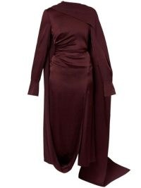 ERDEM Draped Gown in Dark Red ~ satin long sleeve drape detail gowns ~ side ruched asymmetric hemline occasion dresses