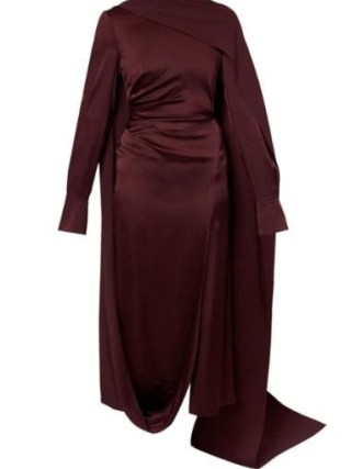 ERDEM Draped Gown in Dark Red ~ satin long sleeve drape detail gowns ~ side ruched asymmetric hemline occasion dresses