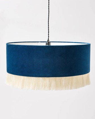 OLIVER BONAS Ero Blye Velvet & Tassel Drum Pendant Lamp Shade ~ fringed light shades ~ chic home lighting