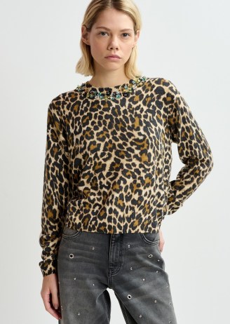 ESSENTIEL ANTWERP Gallor Leopard Printed Pullover in Combo 1 Black / womens animal print jumper with embellished neckline