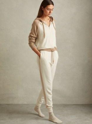 REISS Eve Wool Blend Colourblock Joggers in Camel / Ivory ~ women’s luxe style jogging bottoms ~ luxury sports inspired fashion