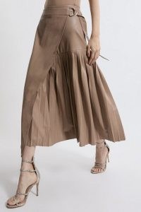 KAREN MILLEN Faux Leather Pleated Panel Midi Skirt in Soft Tan ~ luxe style light brown wrap skirts