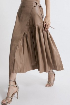 KAREN MILLEN Faux Leather Pleated Panel Midi Skirt in Soft Tan ~ luxe style light brown wrap skirts