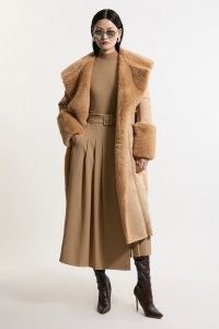 KAREN MILLEN Faux Shearling Collar & Cuff Belted Midi Coat in Camel ~ women’s luxe style light brown fake fur winter coats