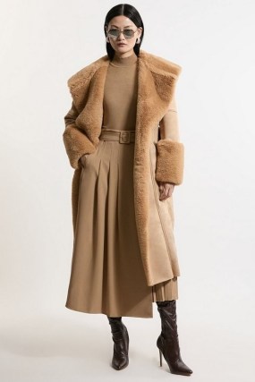 KAREN MILLEN Faux Shearling Collar & Cuff Belted Midi Coat in Camel ~ women’s luxe style light brown fake fur winter coats