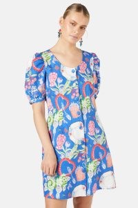 gorman Favourite Things Dress – printed blue linen scoop neck puff sleeve dresses