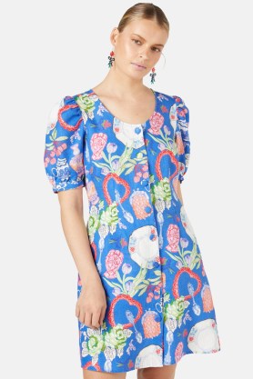 gorman Favourite Things Dress – printed blue linen scoop neck puff sleeve dresses