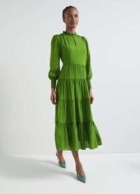 L.K. BENNETT Flora Bright Green Chevron Dress ~ long sleeve high ruffle neck midi dresses