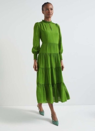 L.K. BENNETT Flora Bright Green Chevron Dress ~ long sleeve high ruffle neck midi dresses