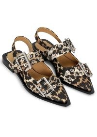 GANNI Satin Feminine Buckle Ballerina Shoes in Leopard / flat buckled animal print slingbacks