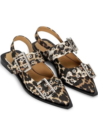 GANNI Satin Feminine Buckle Ballerina Shoes in Leopard / flat buckled animal print slingbacks