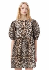 GANNI Tie String Mini Dress in Leopard / puff sleeve animal print dresses / women’s organic cotton fashion