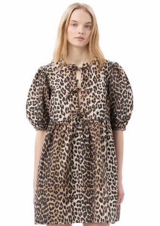 GANNI Tie String Mini Dress in Leopard / puff sleeve animal print dresses / women’s organic cotton fashion