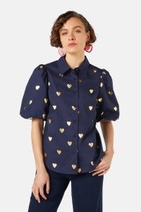 gorman Gold Romance Shirt in Navy – metallic heart print puff sleeve shirts – women’s organic poplin cotton clothes