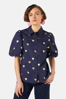 gorman Gold Romance Shirt in Navy – metallic heart print puff sleeve shirts – women’s organic poplin cotton clothes