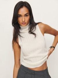 Reformation Rowyn Cashmere Turtleneck Tank in Gossamer | women’s white sleeveless high neck sweater | luxe tanks