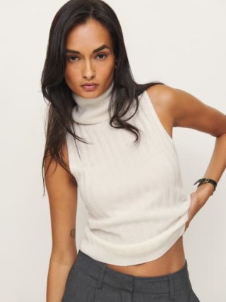 Reformation Rowyn Cashmere Turtleneck Tank in Gossamer | women’s white sleeveless high neck sweater | luxe tanks