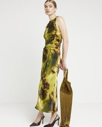 RIVER ISLAND Green abstract ruched bodycon midi dress / sleeveless floral gathered detail dresses