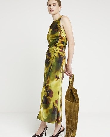 RIVER ISLAND Green abstract ruched bodycon midi dress / sleeveless floral gathered detail dresses