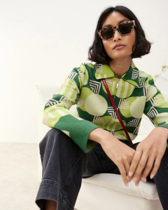 OLIVER BONAS Green Geometric Knitted Bomber Jacket ~ chic collared zip up jackets ~ women’s fashion with retro / vintage style prints ~ womens clothing for Autumn 2024