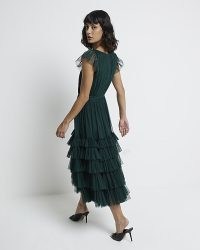 RIVER ISLAND Green Ruffle Midi Dress ~ ruffled ladylike party dresses ~ vintage style evening occasion fashion