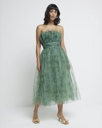 RIVER ISLAND Green Tulle Floral Midi Dress ~ romantic strapless sheer overlay party dresses ~ vintage style bandeau evening event fashion