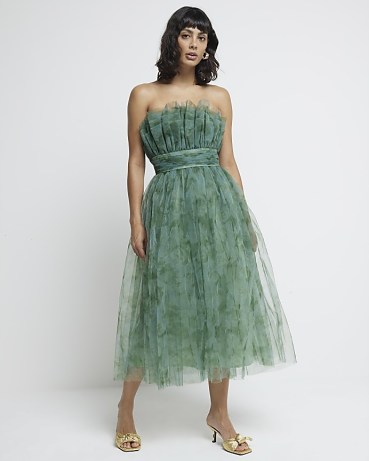 RIVER ISLAND Green Tulle Floral Midi Dress ~ romantic strapless sheer overlay party dresses ~ vintage style bandeau evening event fashion