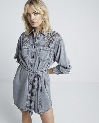 River Island Grey denim embellished mini shirt dress | womens collared tie waist dresses