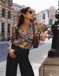 Boden Hammered Satin Shirt Multi, Paisley Pome – women’s luxe printed shirts – womens clothes with retro style prints