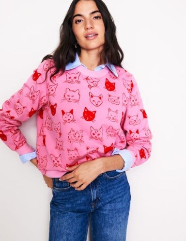 Boden Hannah Printed Sweatshirt Strawberry Sherbert, Cats – cute sweatshirts with cats – women’s pink animal print sweat top