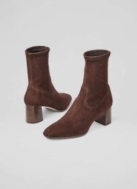 L.K. BENNETT Harp Espresso Block Heel Stretch Ankle Boot ~ women’s chocolate brown suede boots with block heels ~ womens smart casual winter footwear ~ autumn colours