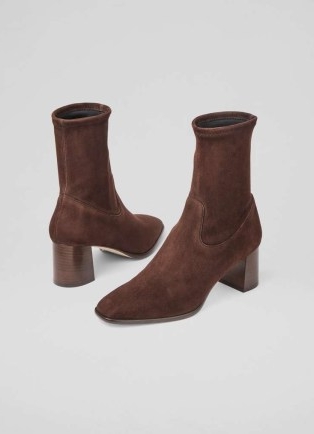 L.K. BENNETT Harp Espresso Block Heel Stretch Ankle Boot ~ women’s chocolate brown suede boots with block heels ~ womens smart casual winter footwear ~ autumn colours