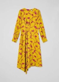 L.K. BENNETT Henrietta Ochre & Pink Dress ~ yellow floral long sleeve asymmetric hemline midi dresses